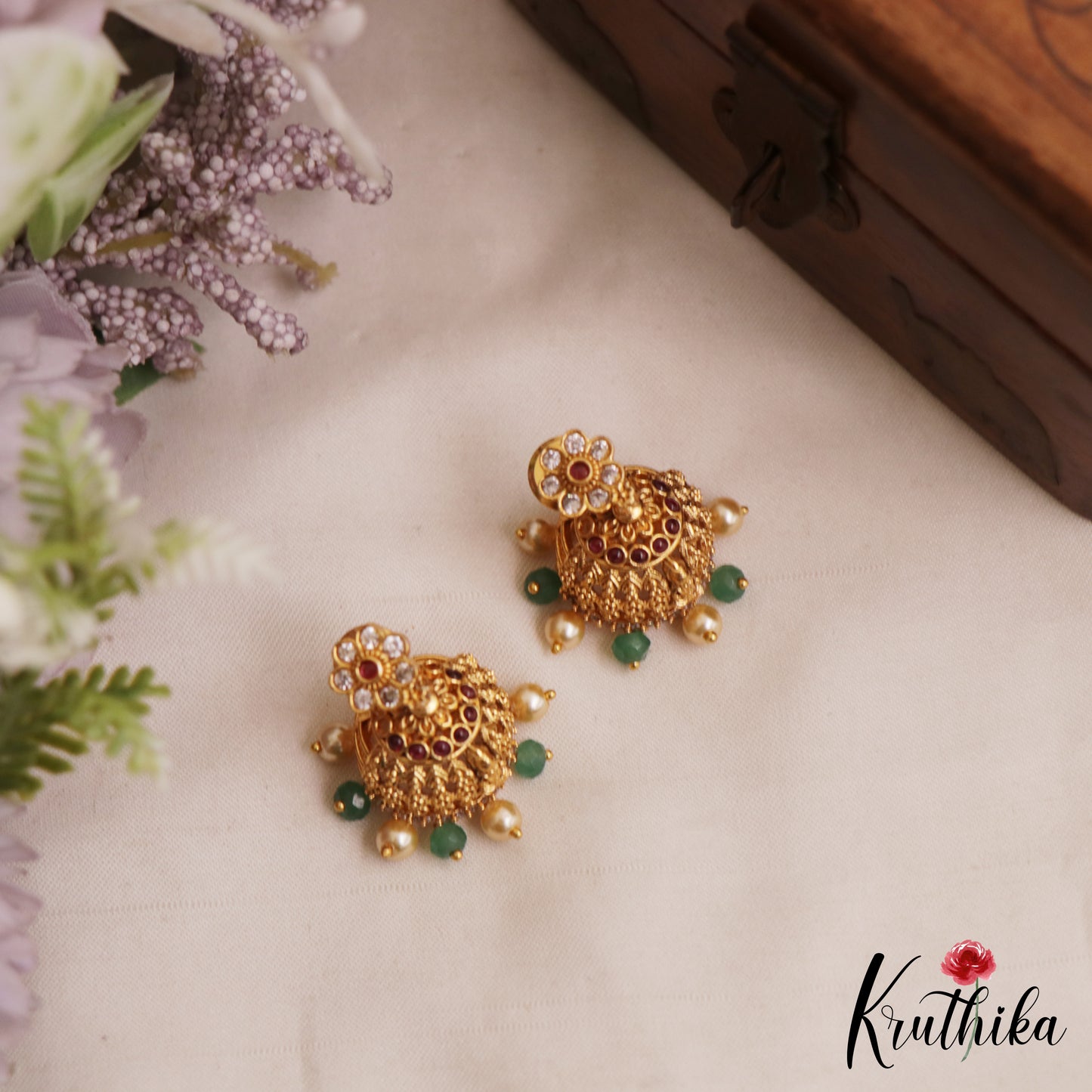 Beautiful Antique Floral Lakshmi Motifs Jhumkas With Pearl Bead Drops E1174