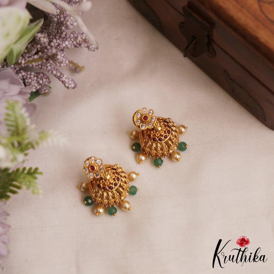 Beautiful Antique Floral Lakshmi Motifs Jhumkas With Pearl Bead Drops E1174