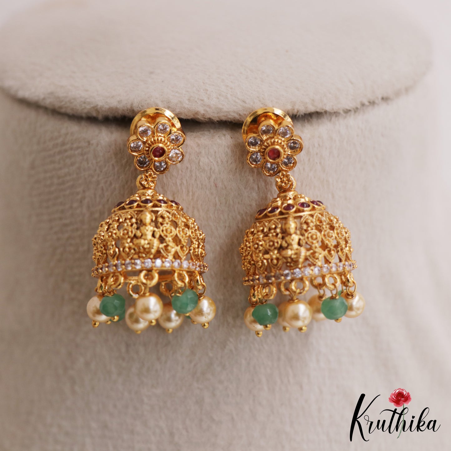Beautiful Antique Floral Lakshmi Motifs Jhumkas With Pearl Bead Drops E1174