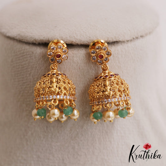 Beautiful Antique Floral Lakshmi Motifs Jhumkas With Pearl Bead Drops E1174