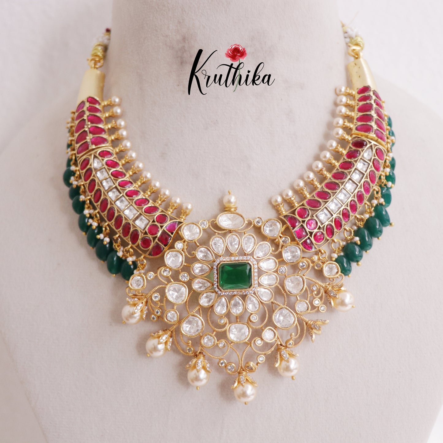 Premium Jadau Choker with Green Beads & Pearl Drops NC2383