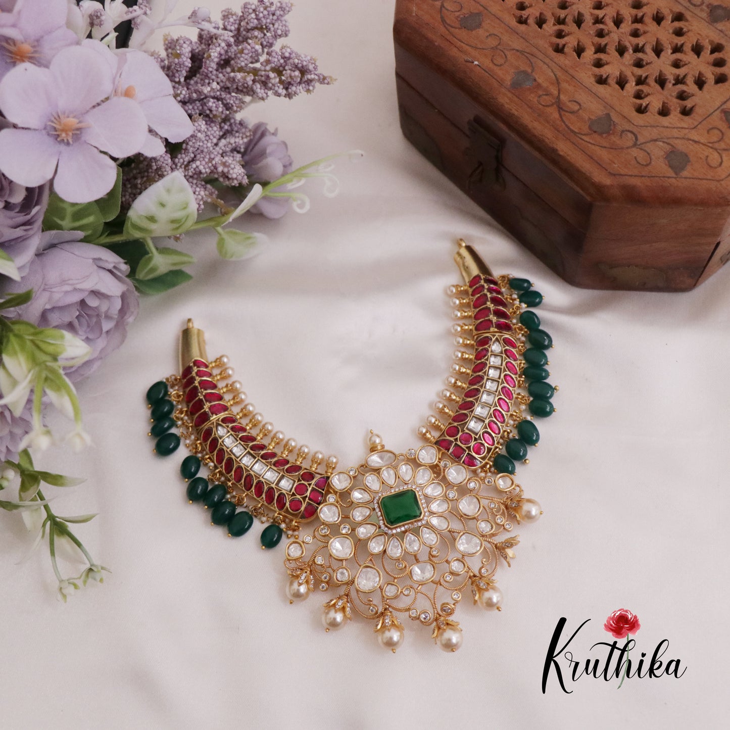 Premium Jadau Choker with Green Beads & Pearl Drops NC2383