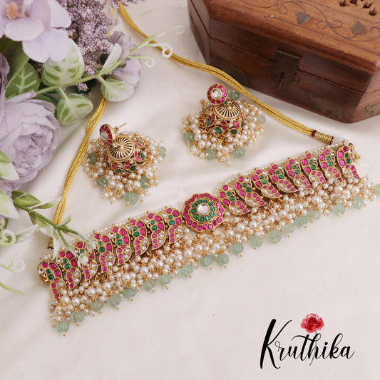 Classic Antique Jadau Peacock Chocker with Pastel Green Beads NC2375