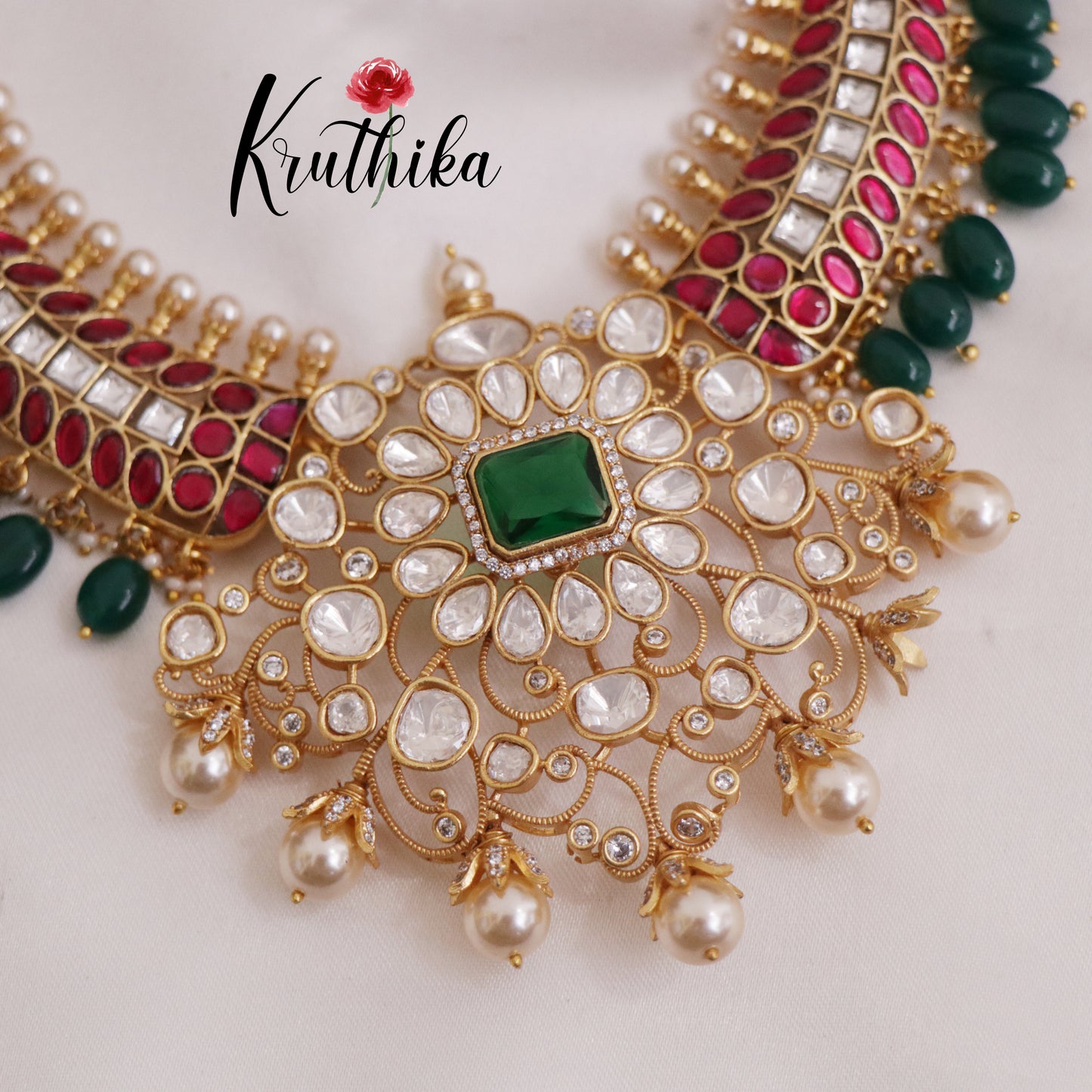 Premium Jadau Choker with Green Beads & Pearl Drops NC2383