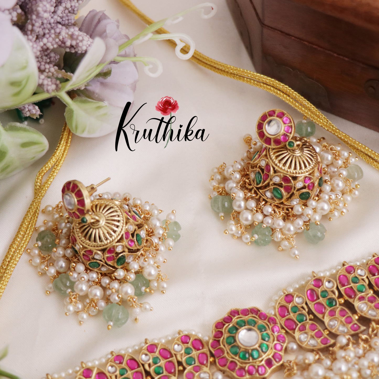 Classic Antique Jadau Peacock Chocker with Pastel Green Beads NC2375