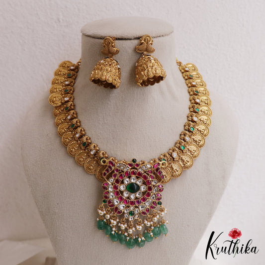 Gorgeous Antique Floral Peacock Motifs Lakshmi Kasu Jadau Necklace With Green Bead Drops NC3073