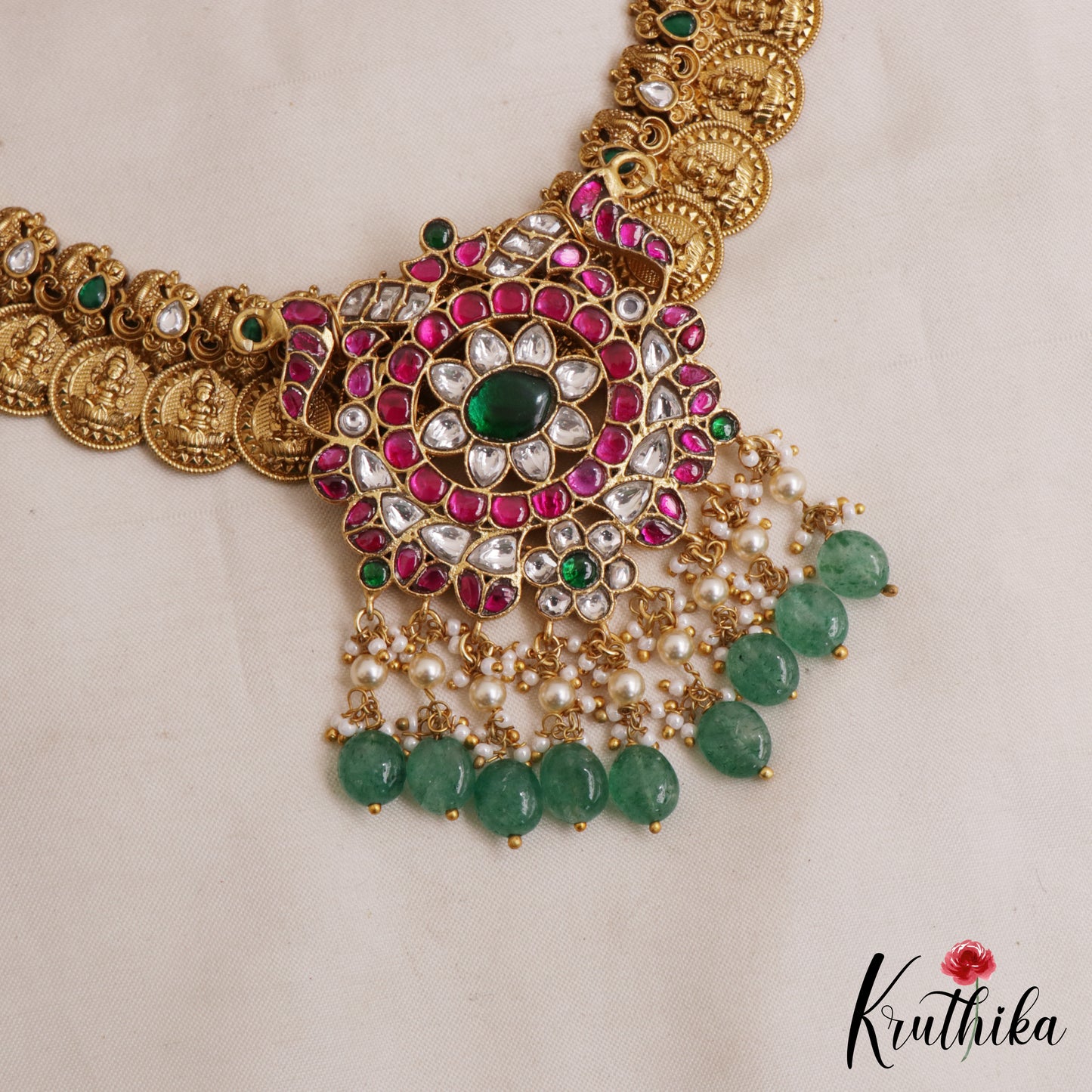 Gorgeous Antique Floral Peacock Motifs Lakshmi Kasu Jadau Necklace With Green Bead Drops NC3073
