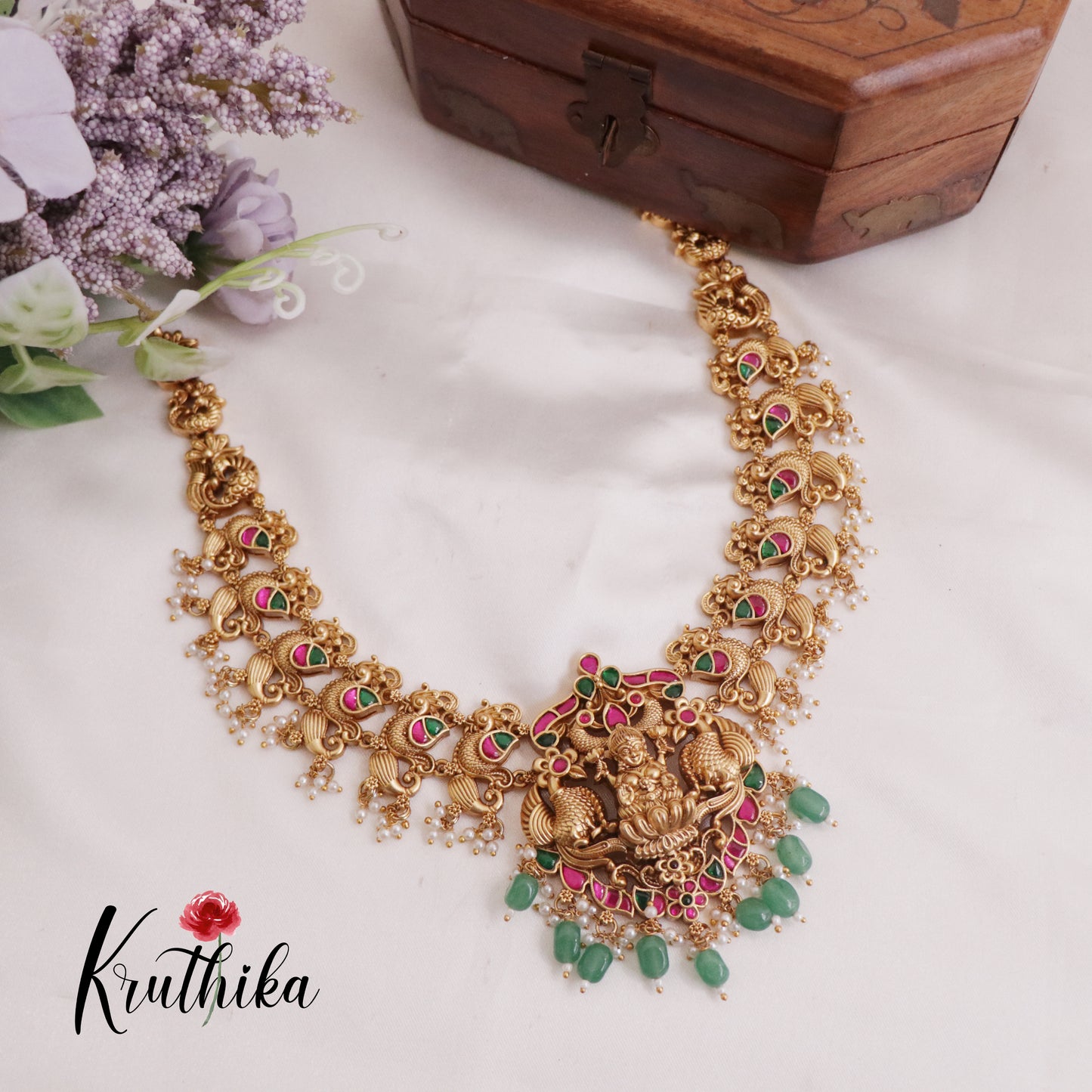 Elegant Peacock Lakshmi Jadau Necklace with Green Beads Drops NC2395