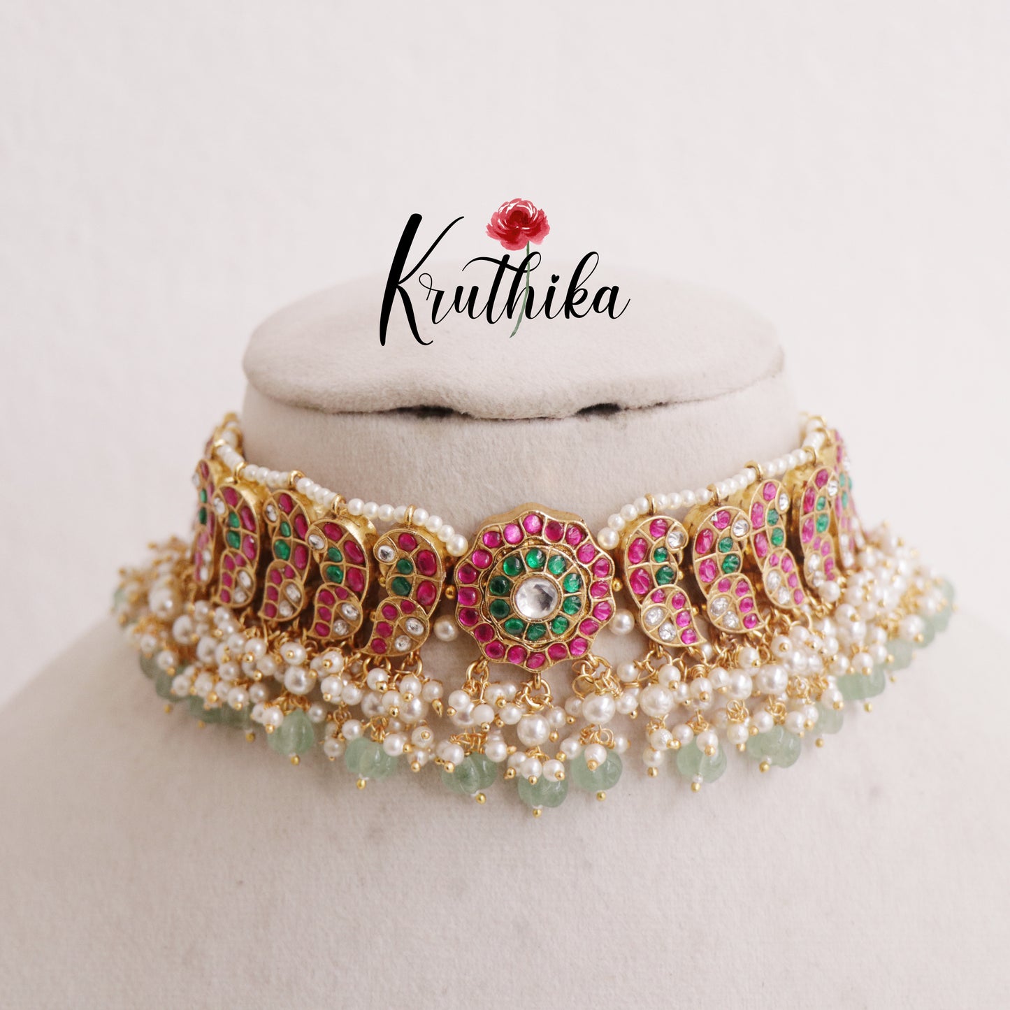 Classic Antique Jadau Peacock Chocker with Pastel Green Beads NC2375