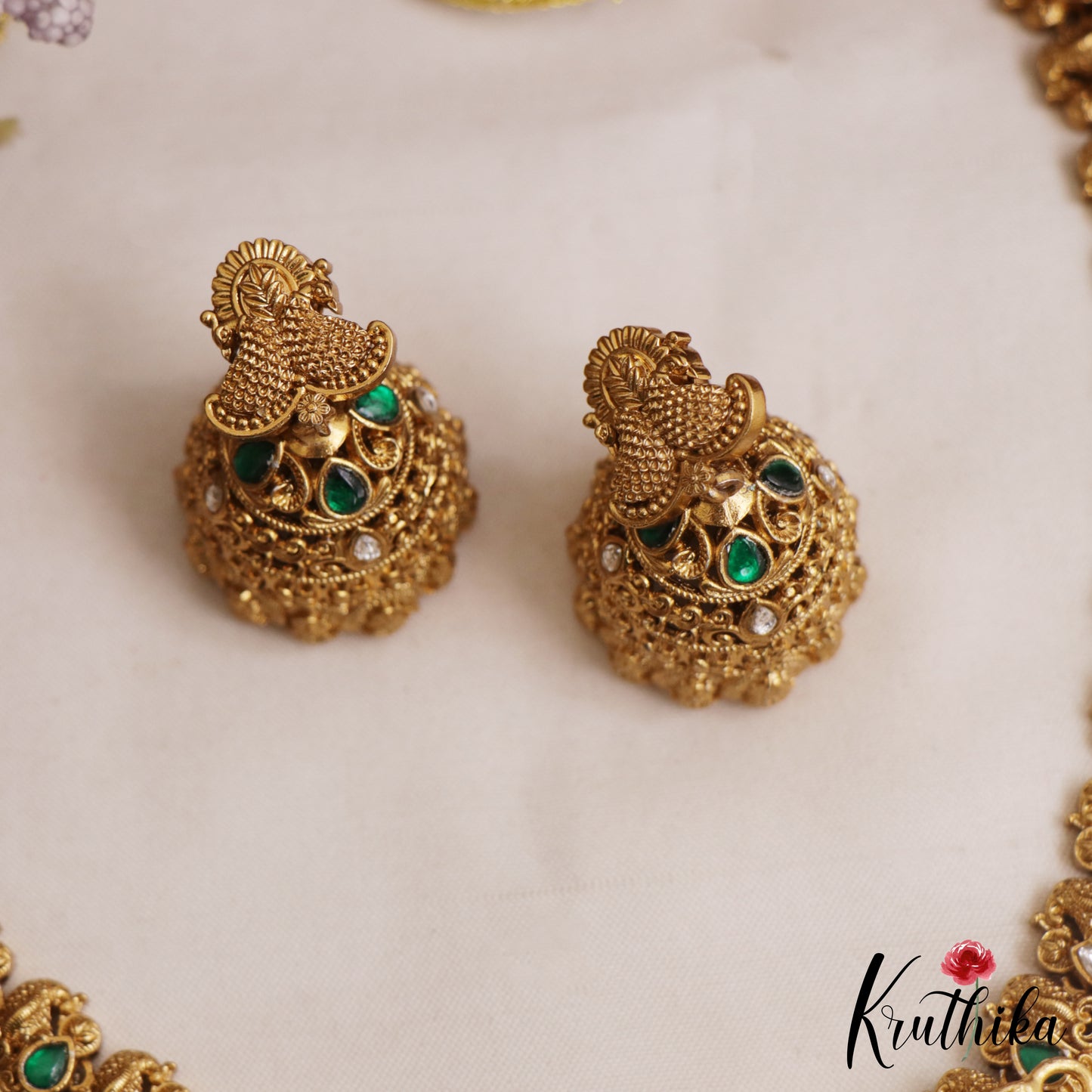Gorgeous Antique Floral Peacock Motifs Lakshmi Kasu Jadau Necklace With Green Bead Drops NC3073