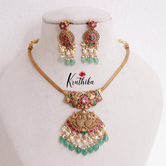 Simple Trendy Jadau Peacock Pendant Necklace with Green Beads Drops NC2381 (Available in 3 Colours)