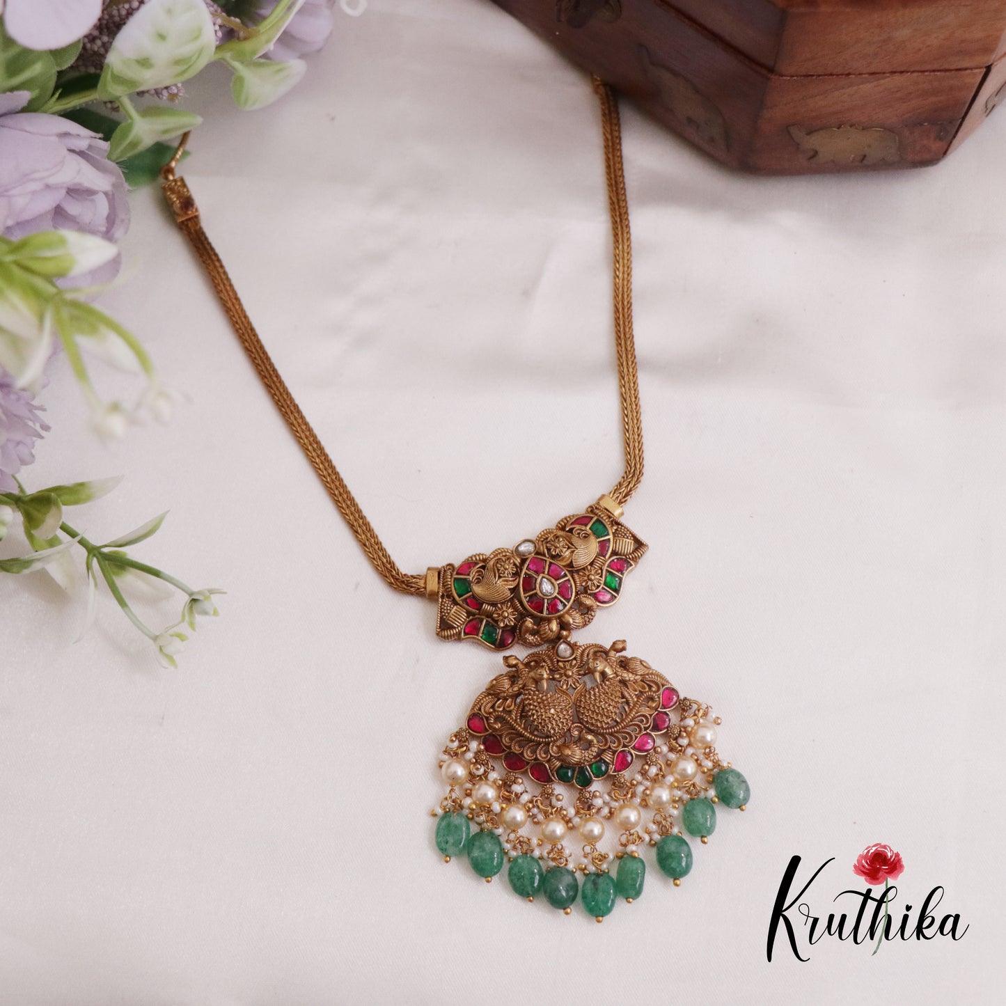 Simple Trendy Jadau Peacock Pendant Necklace with Green Beads Drops NC2381 (Available in 3 Colours)
