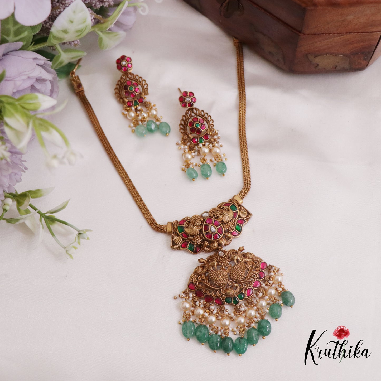 Simple Trendy Jadau Peacock Pendant Necklace with Green Beads Drops NC2381 (Available in 3 Colours)