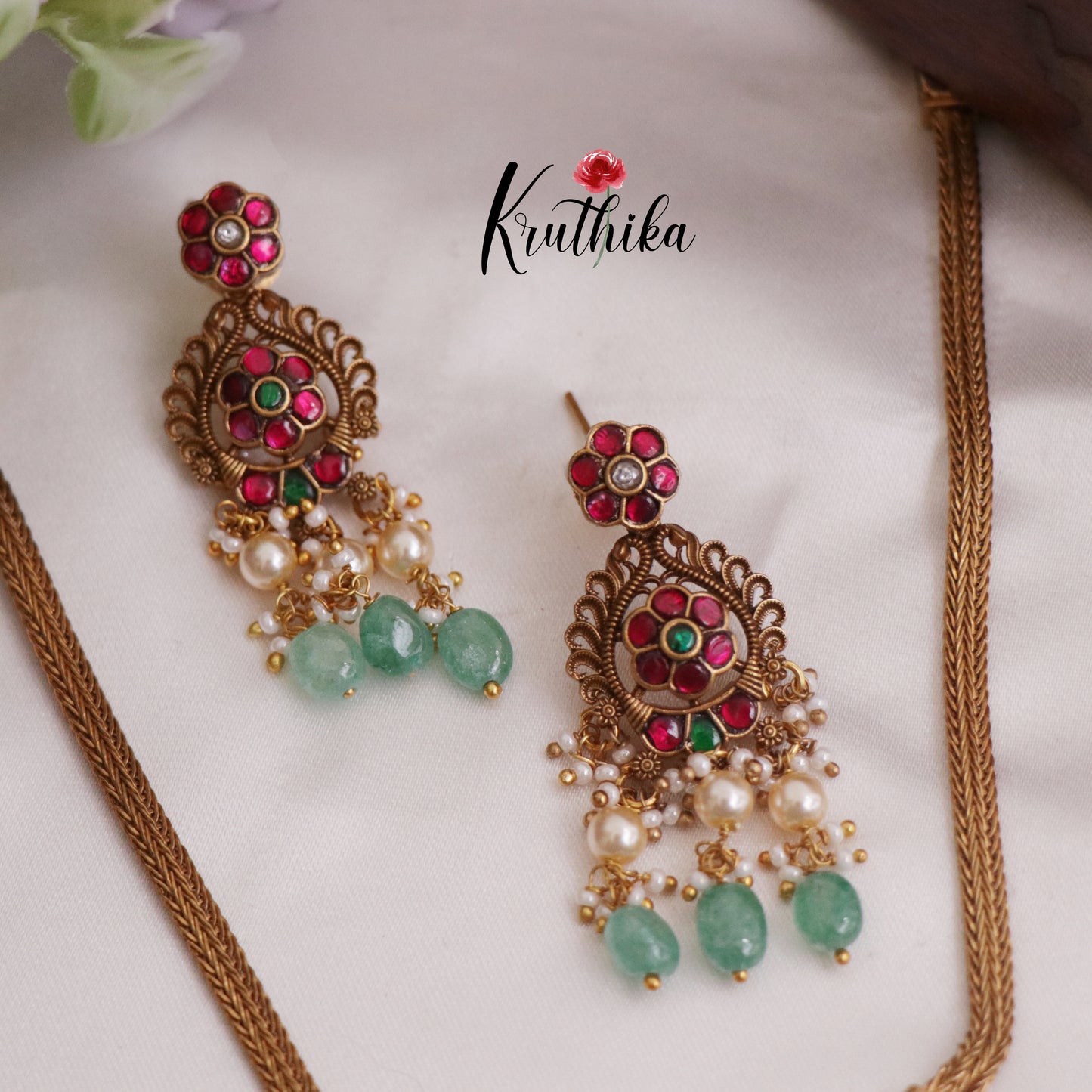 Simple Trendy Jadau Peacock Pendant Necklace with Green Beads Drops NC2381 (Available in 3 Colours)