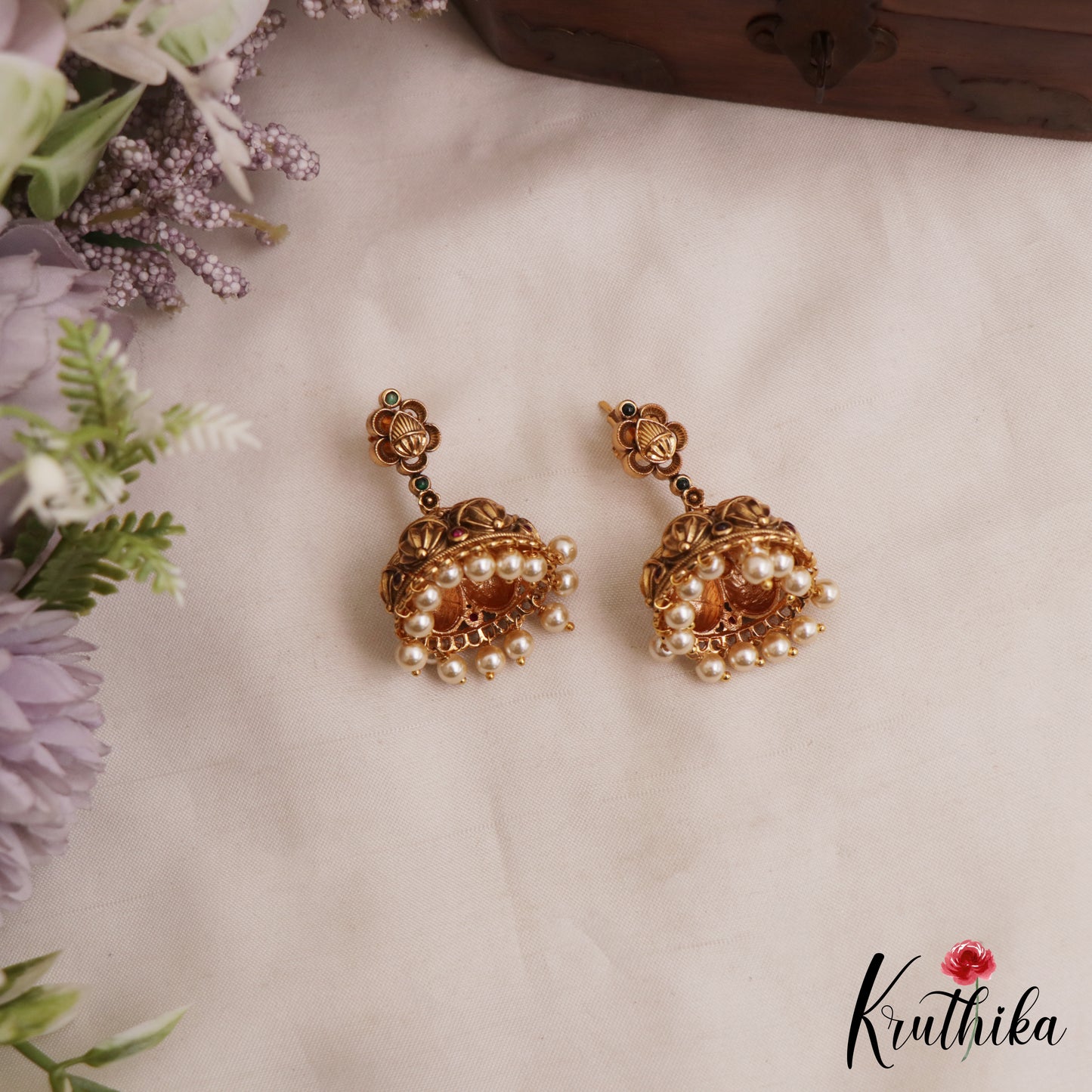 Elegant Antique Floral Motifs Jhumkas With Pearl Drops E1172