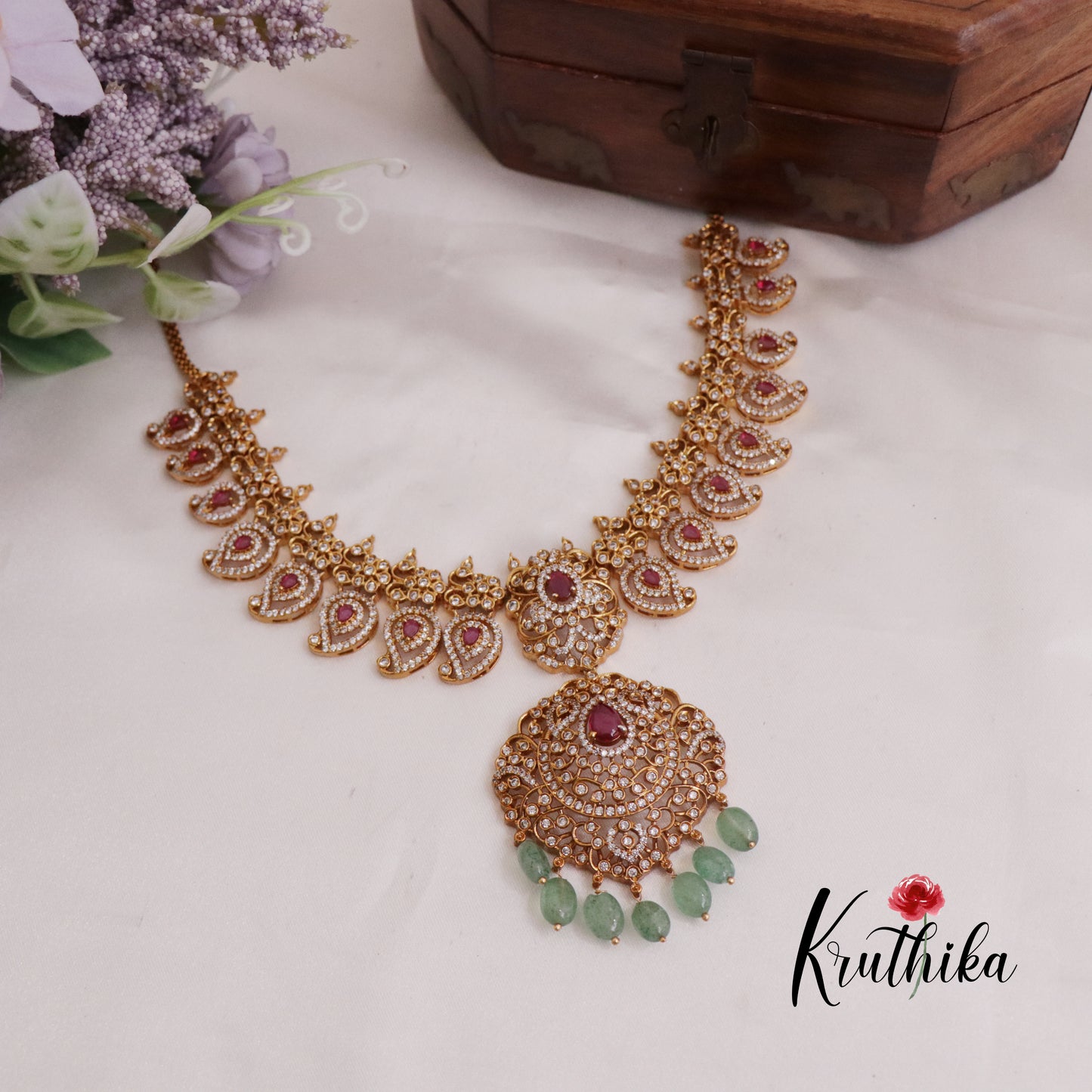 Royal Bridal AD Mango Design Necklace with Pastel Green Beads NC2320 (Available in 2 Colours)