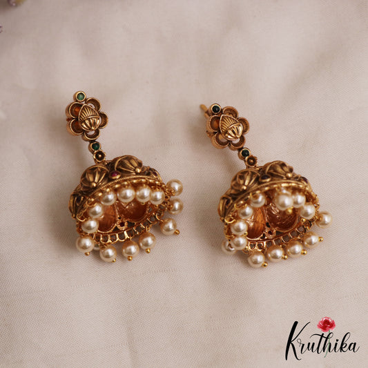 Elegant Antique Floral Motifs Jhumkas With Pearl Drops E1172