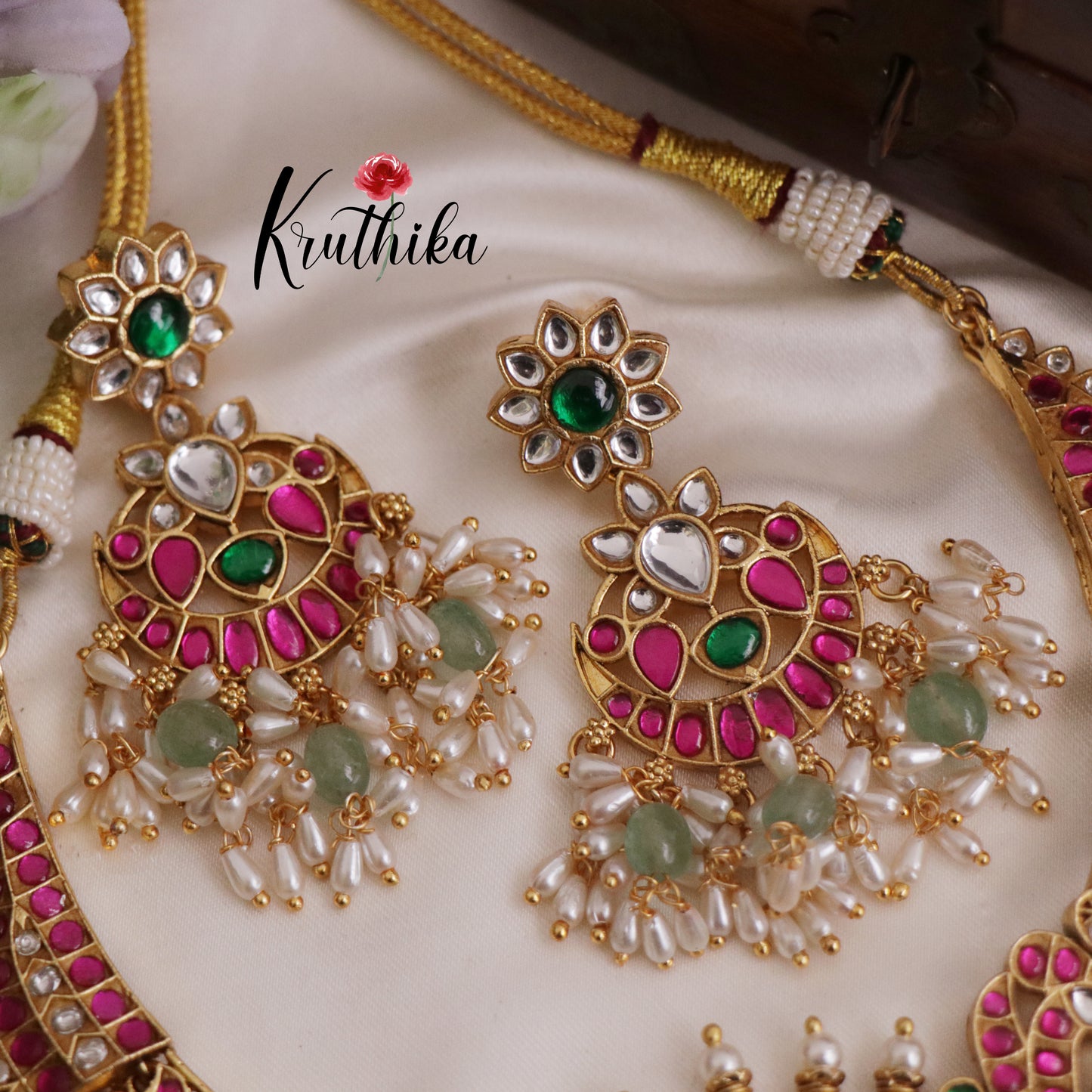 Grand Peacock Jadau Kundan Guttapoosalu Mid Length Haaram with Earrings LH1965