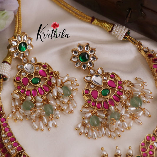 Grand Peacock Jadau Kundan Guttapoosalu Mid Length Haaram with Earrings LH1965