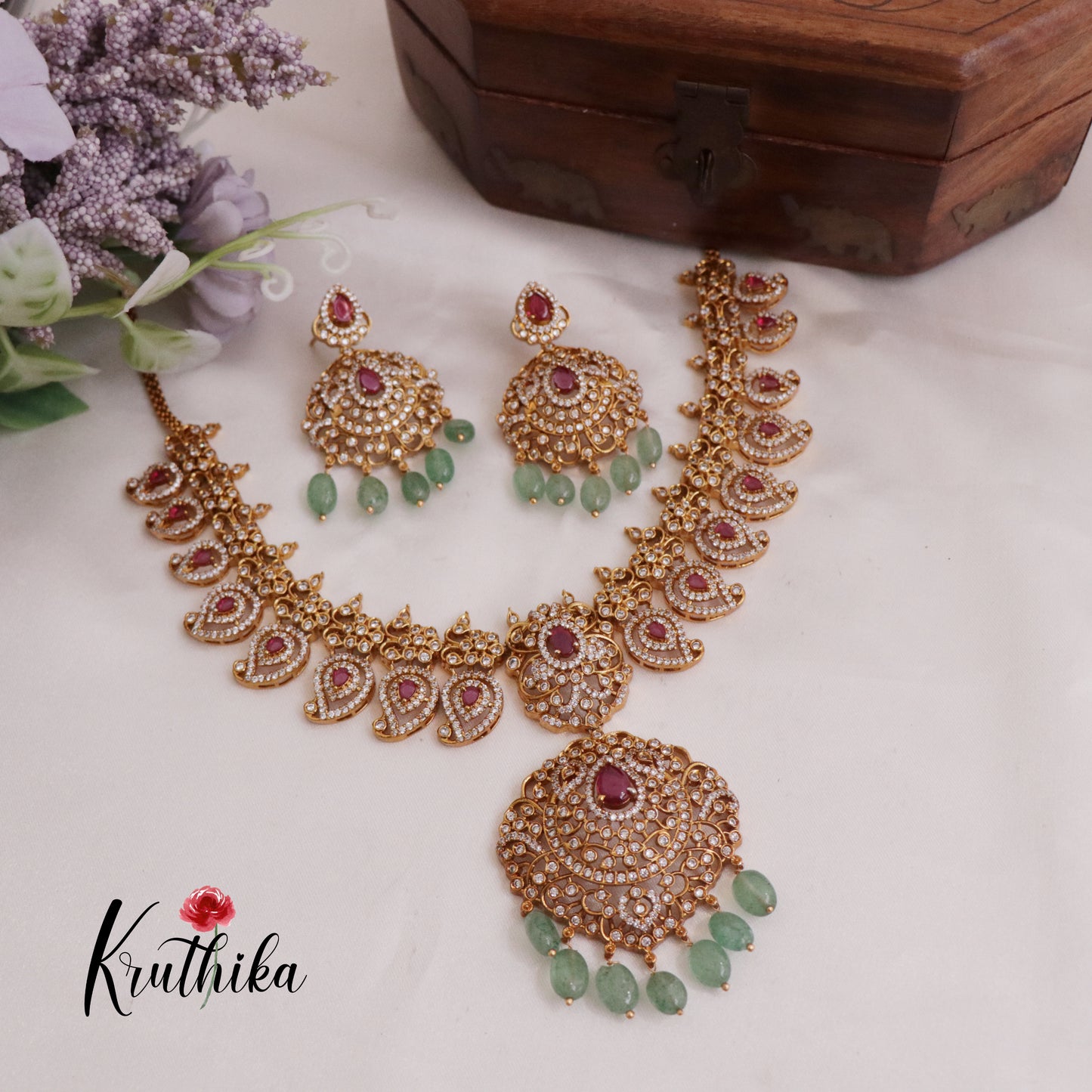 Royal Bridal AD Mango Design Necklace with Pastel Green Beads NC2320 (Available in 2 Colours)