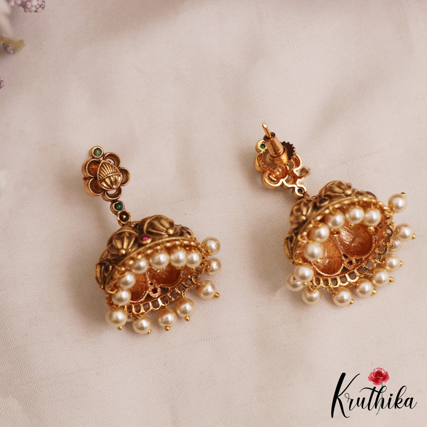 Elegant Antique Floral Motifs Jhumkas With Pearl Drops E1172