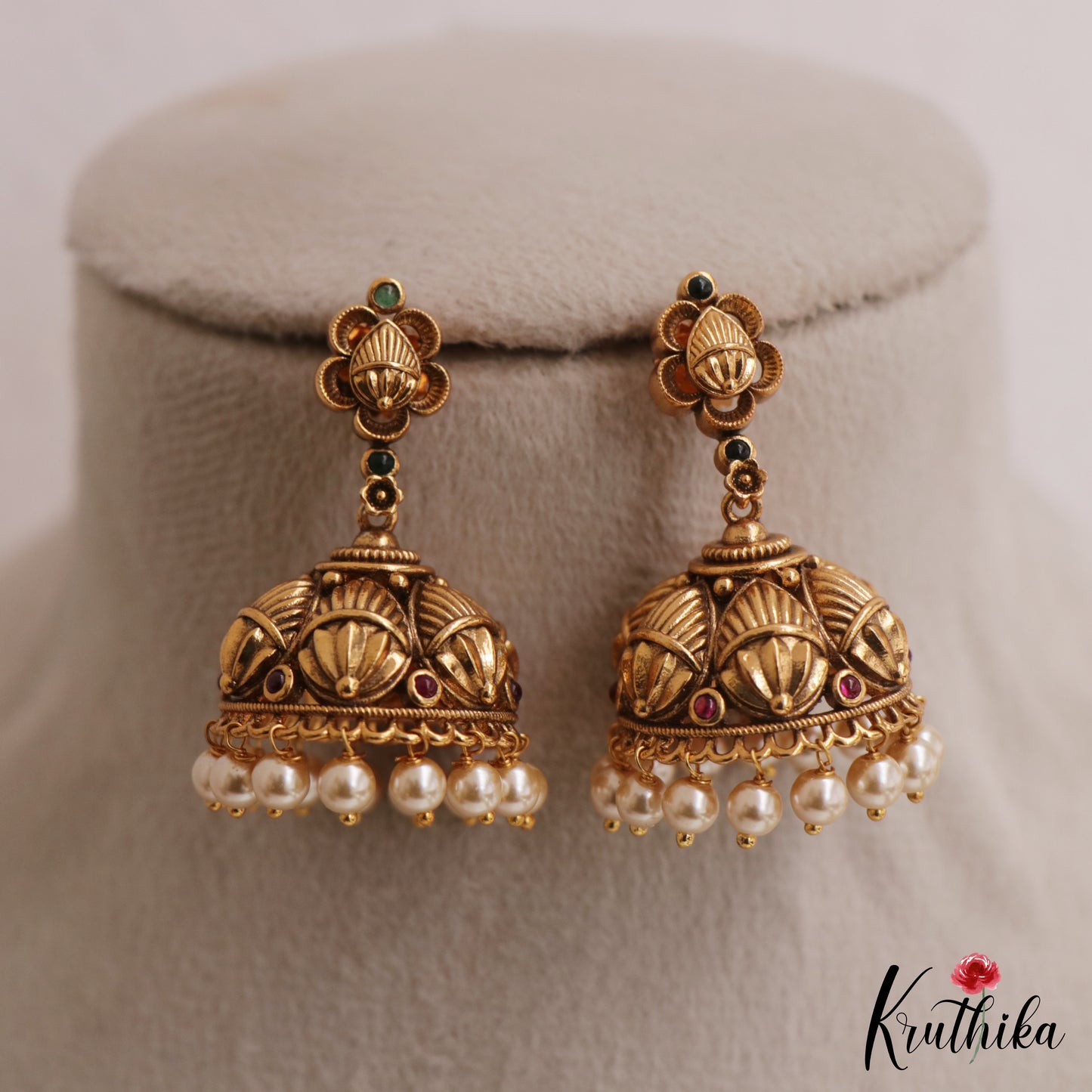 Elegant Antique Floral Motifs Jhumkas With Pearl Drops E1172