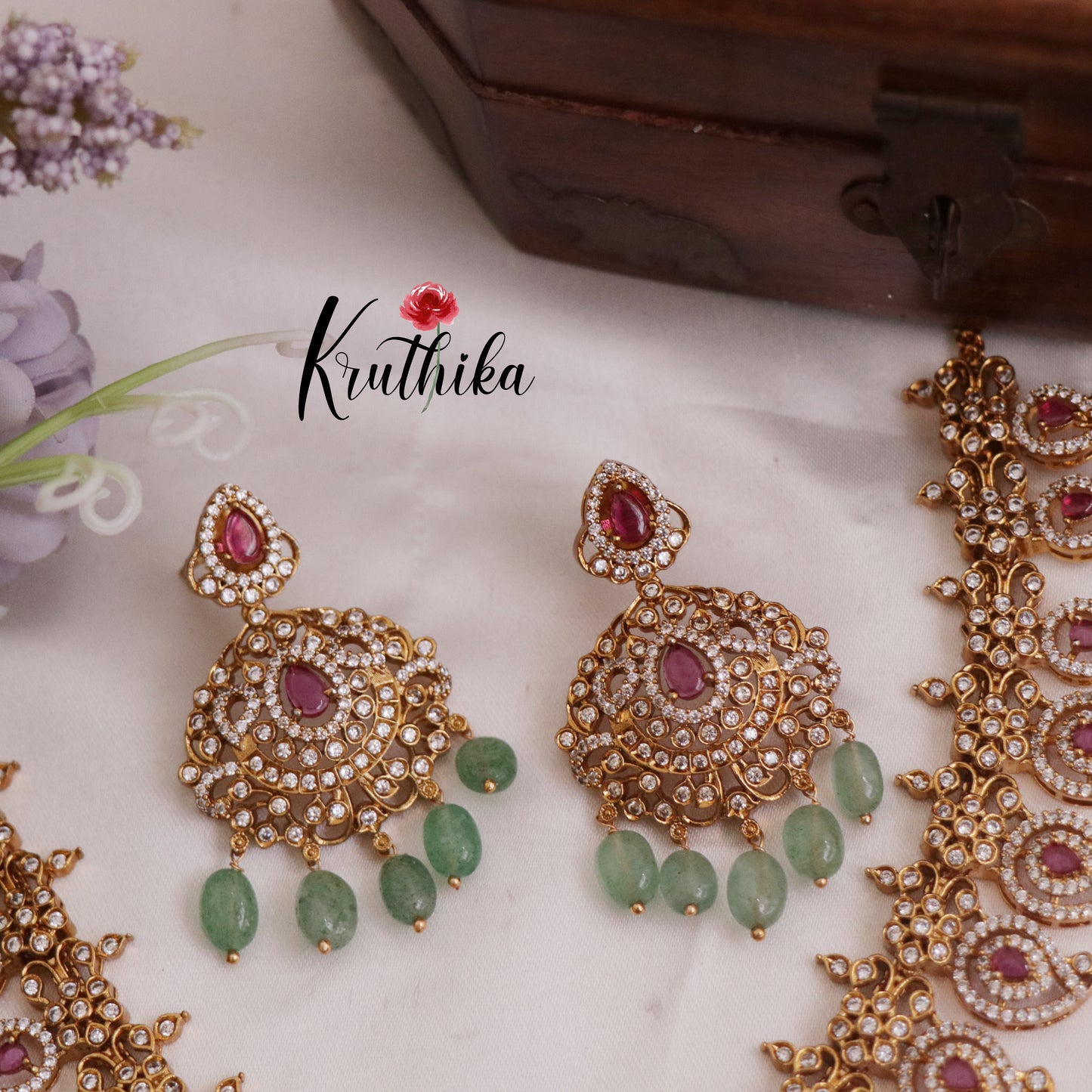 Royal Bridal AD Mango Design Necklace with Pastel Green Beads NC2320 (Available in 2 Colours)