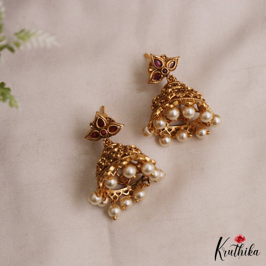 Elegant Antique Floral Motifs Jhumkas With Pearl Bead Drops E1177