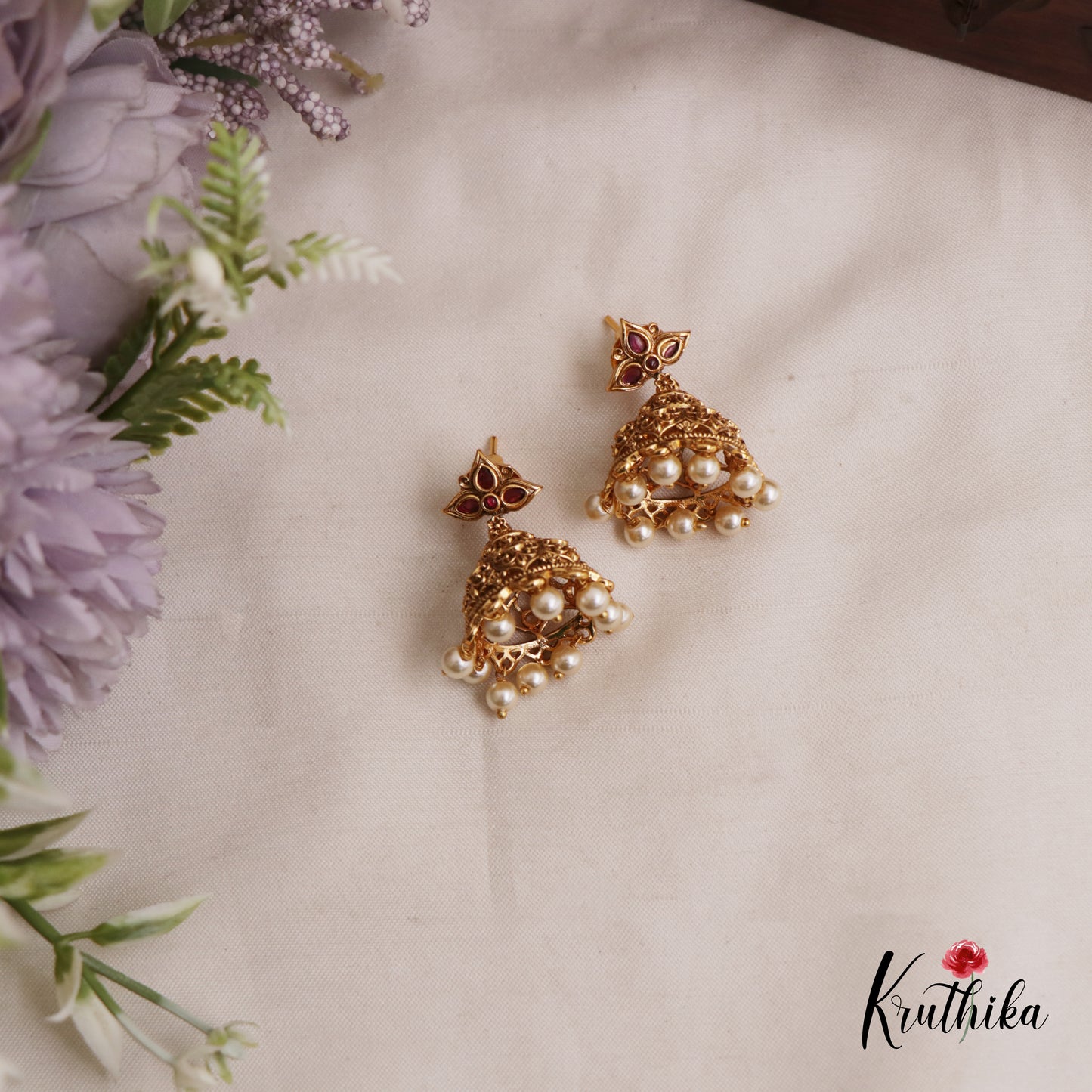 Elegant Antique Floral Motifs Jhumkas With Pearl Bead Drops E1177