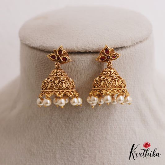 Elegant Antique Floral Motifs Jhumkas With Pearl Bead Drops E1177