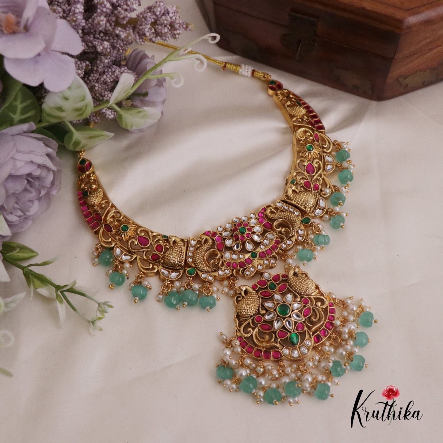 Beautiful Kundan Jadau Neckalce with Green Beads Drops Nc2355