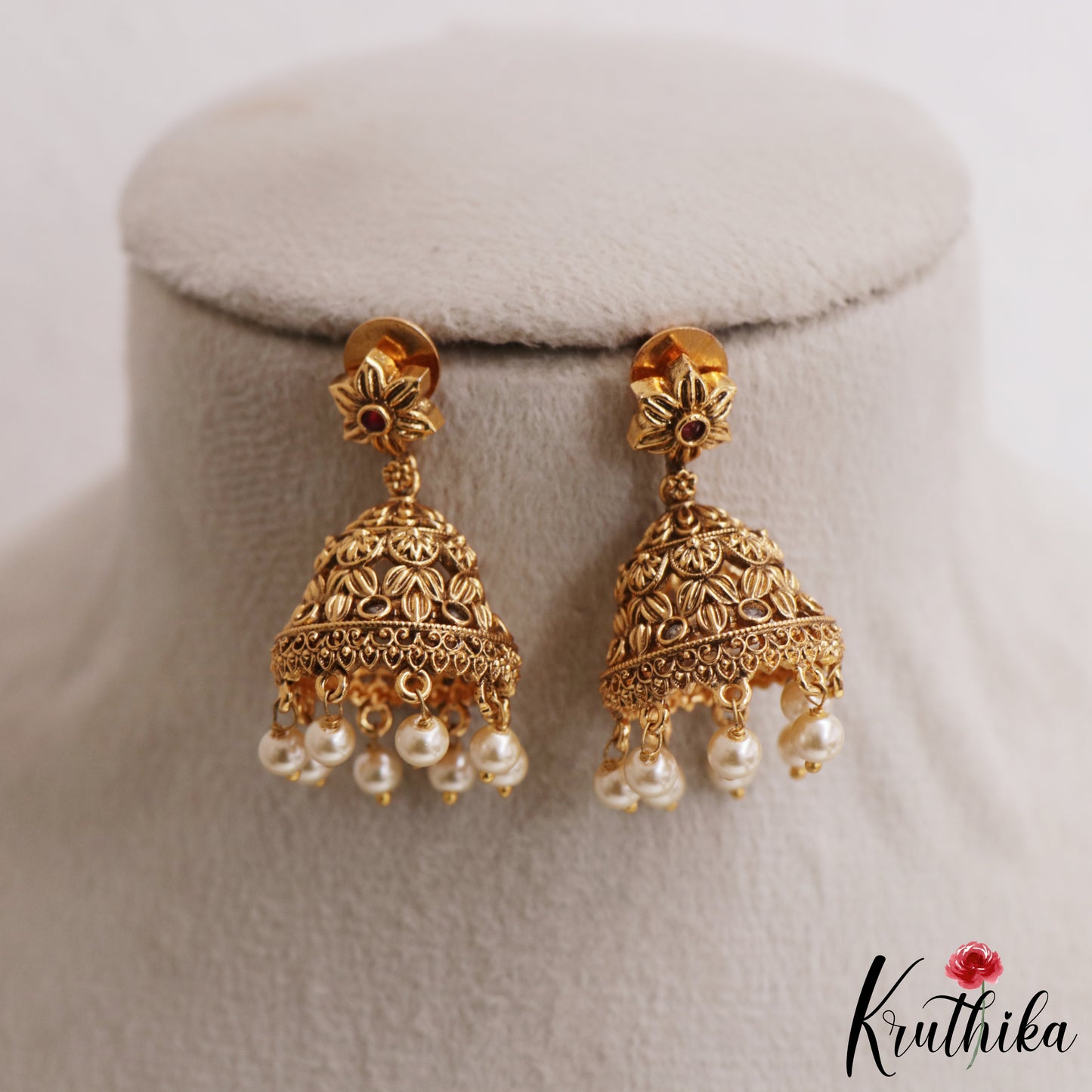 Trendy Antique Floral Leaf Motifs Jhumkas With Pearl Bead Drops E1178