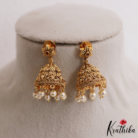 Trendy Antique Floral Leaf Motifs Jhumkas With Pearl Bead Drops E1178