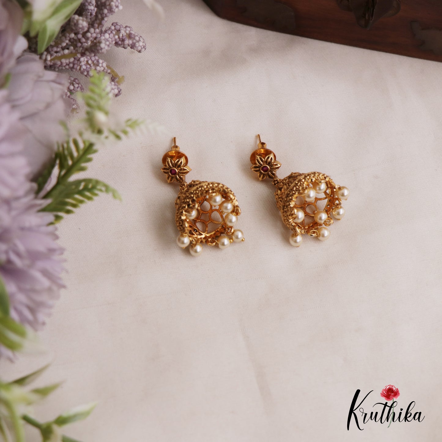 Trendy Antique Floral Leaf Motifs Jhumkas With Pearl Bead Drops E1178