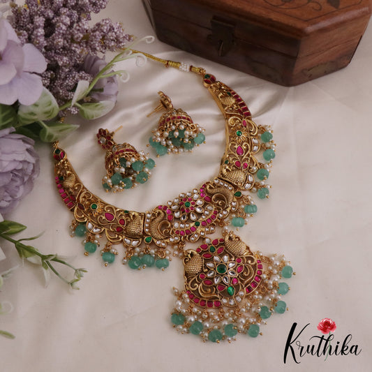 Beautiful Kundan Jadau Neckalce with Green Beads Drops Nc2355