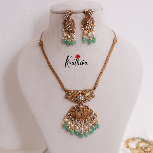 Simple Trendy Jadau Peacock Pendant Necklace with Green Beads Drops NC2381 (Available in 3 Colours)