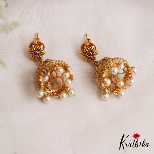 Trendy Antique Floral Leaf Motifs Jhumkas With Pearl Bead Drops E1178