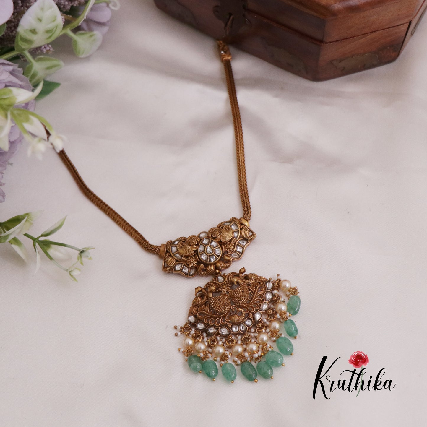 Simple Trendy Jadau Peacock Pendant Necklace with Green Beads Drops NC2381 (Available in 3 Colours)