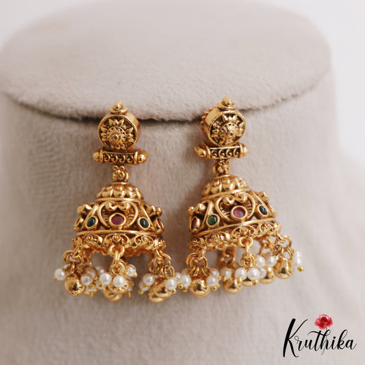 Classic Antique Floral Motifs Jhumkas With Pearl Bead Drops E1169