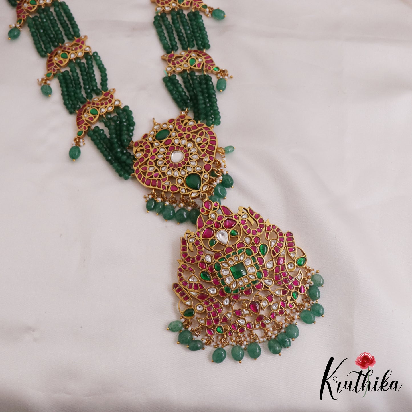 Grand Emerald Beaded Long Peacock Jadau Pendant Haaram LH1986