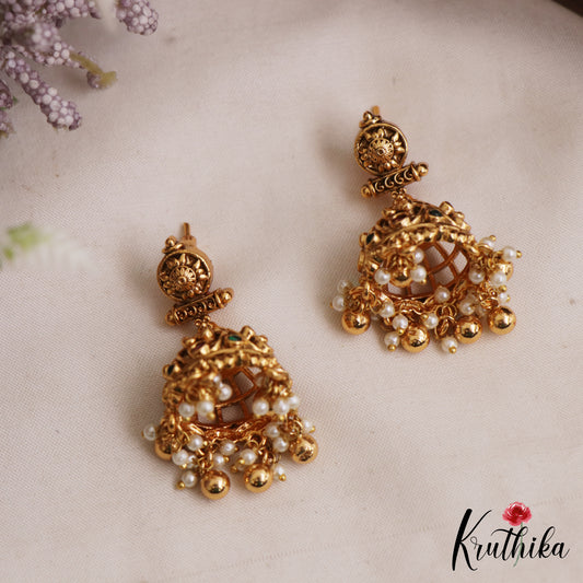 Classic Antique Floral Motifs Jhumkas With Pearl Bead Drops E1169