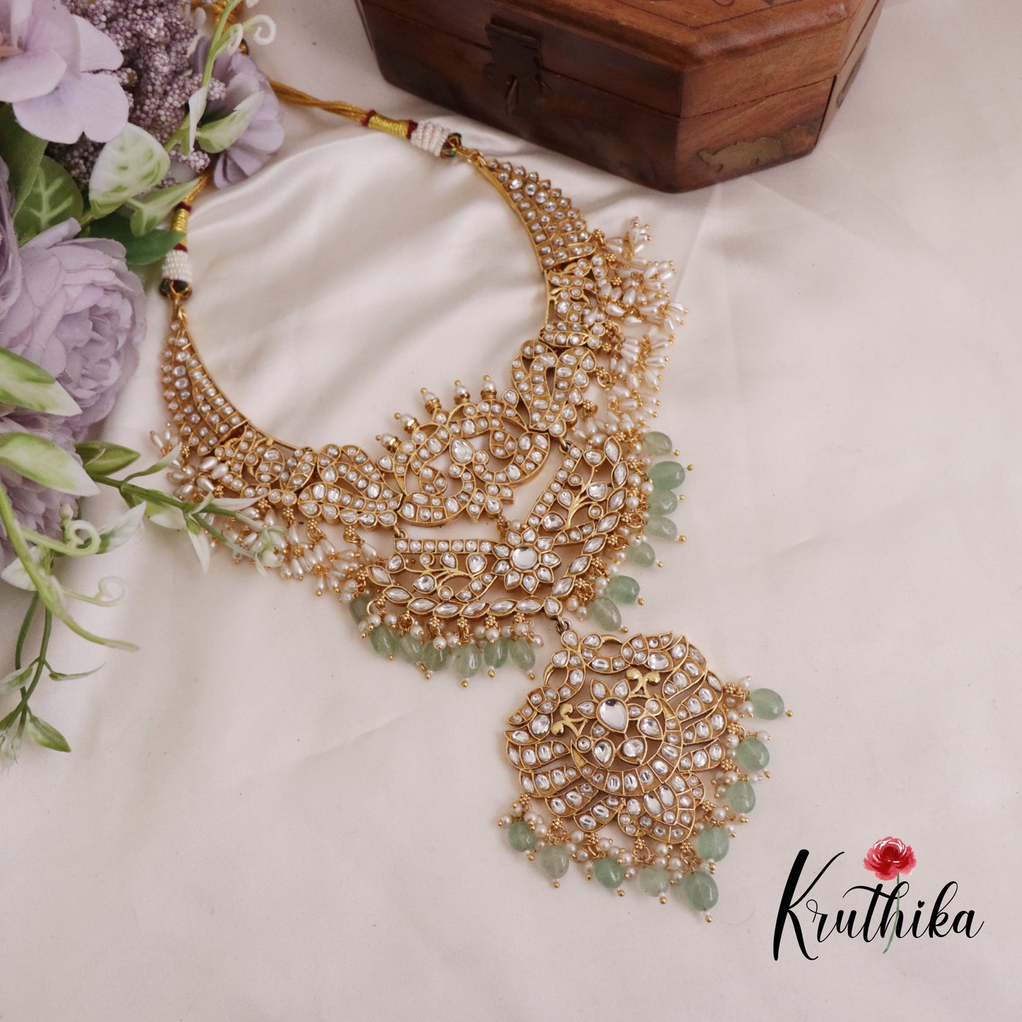 Grand Peacock Kundan Guttapoosalu Mid Length Haaram with Earrings LH1966