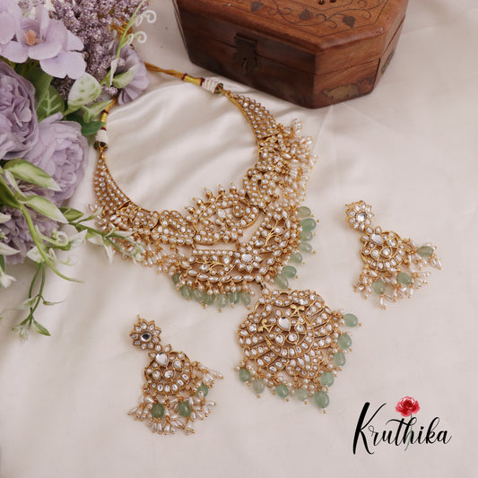 Grand Peacock Kundan Guttapoosalu Mid Length Haaram with Earrings LH1966