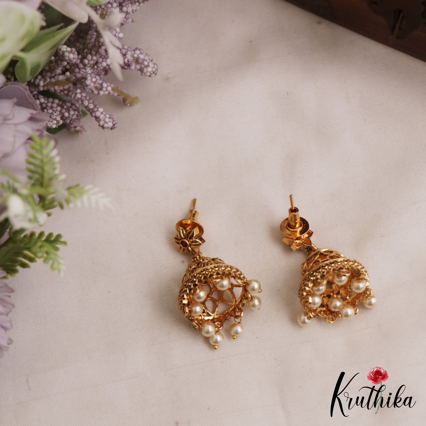Trendy Antique Floral Leaf Motifs Jhumkas With Pearl Bead Drops E1178
