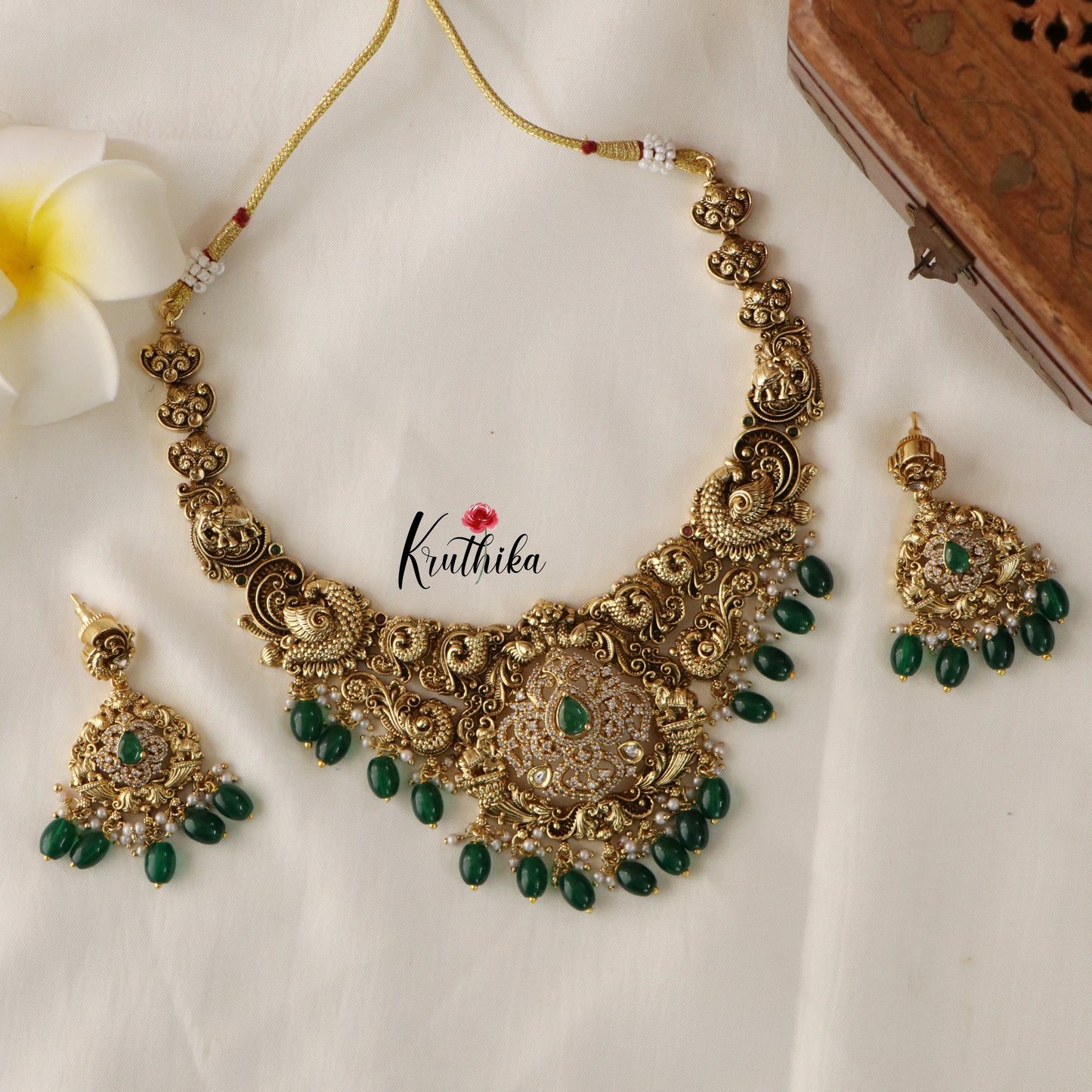 Designer Premium Polish AD Peacock Necklace green beads NC1240