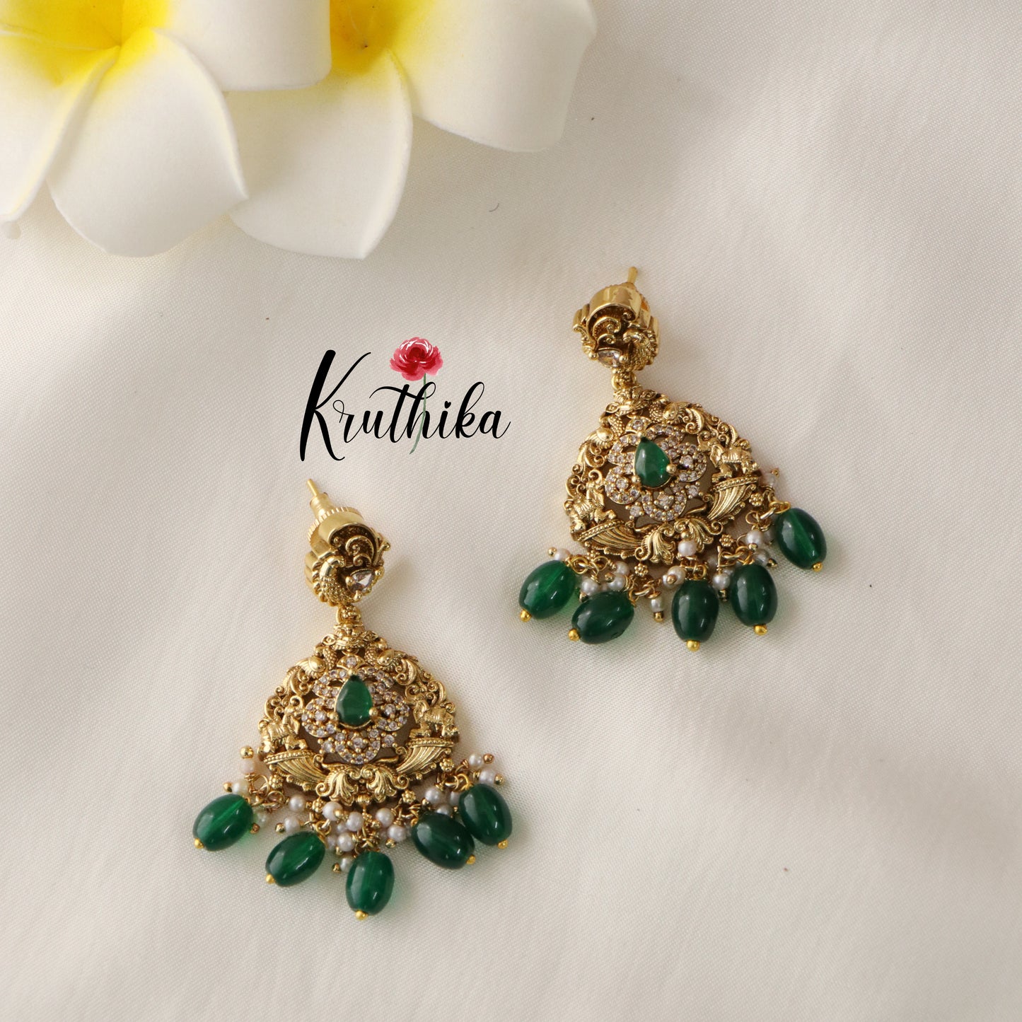 Designer Premium Polish AD Peacock Necklace green beads NC1240