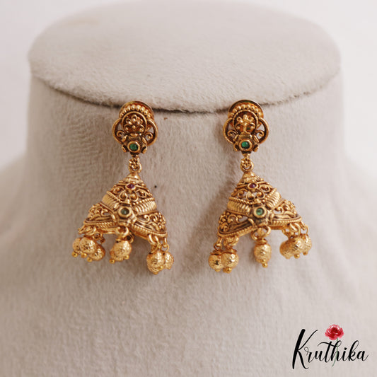 Trendy Antique Floral Motifs Jhumkas With Golden Bead Drops E1170