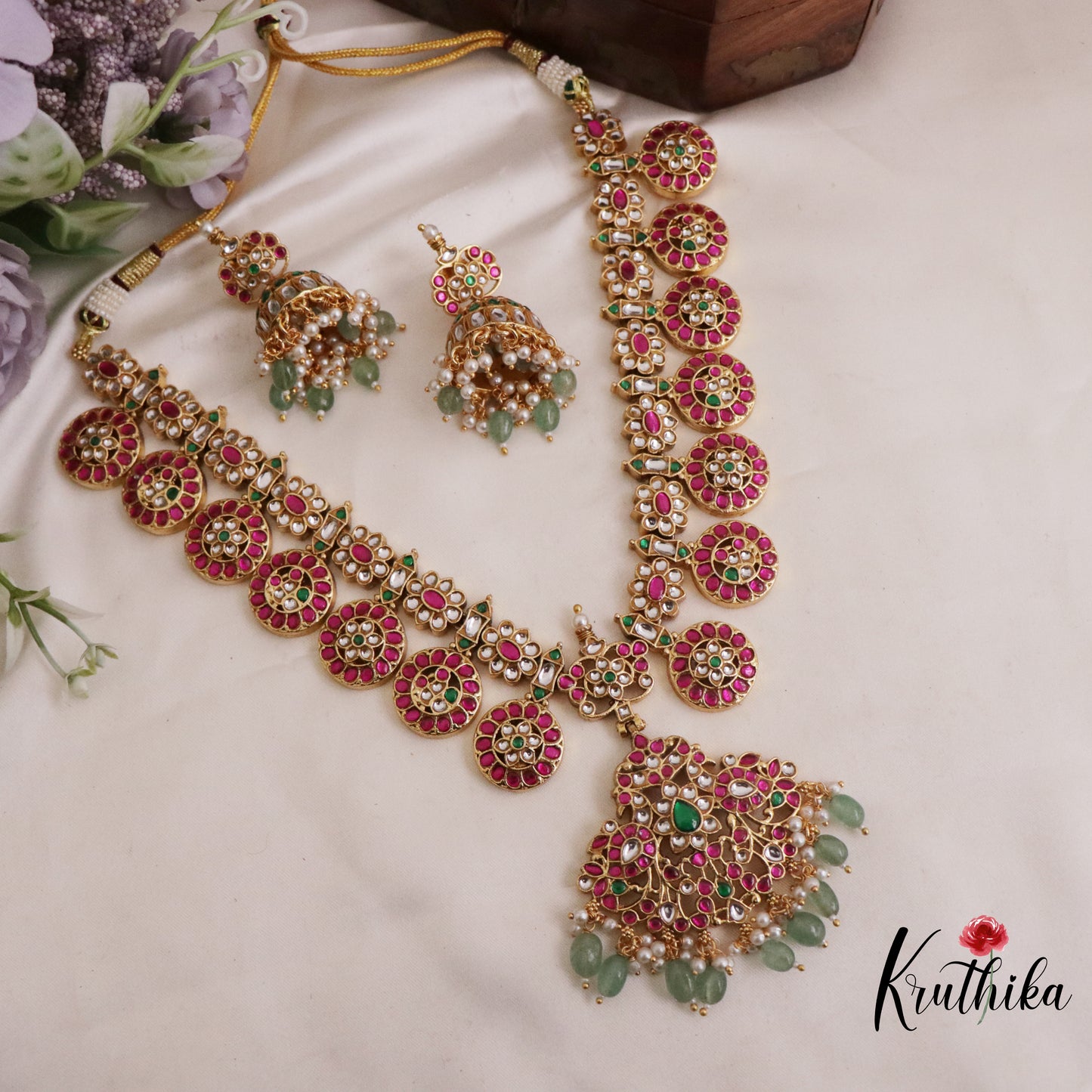 Royal Antique Peacock Jadau Coin Necklace with Pastel Green Beads Drops NC2378