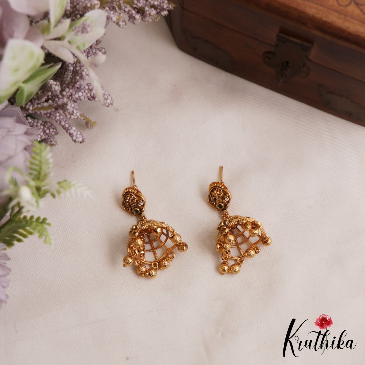 Trendy Antique Floral Motifs Jhumkas With Golden Bead Drops E1170