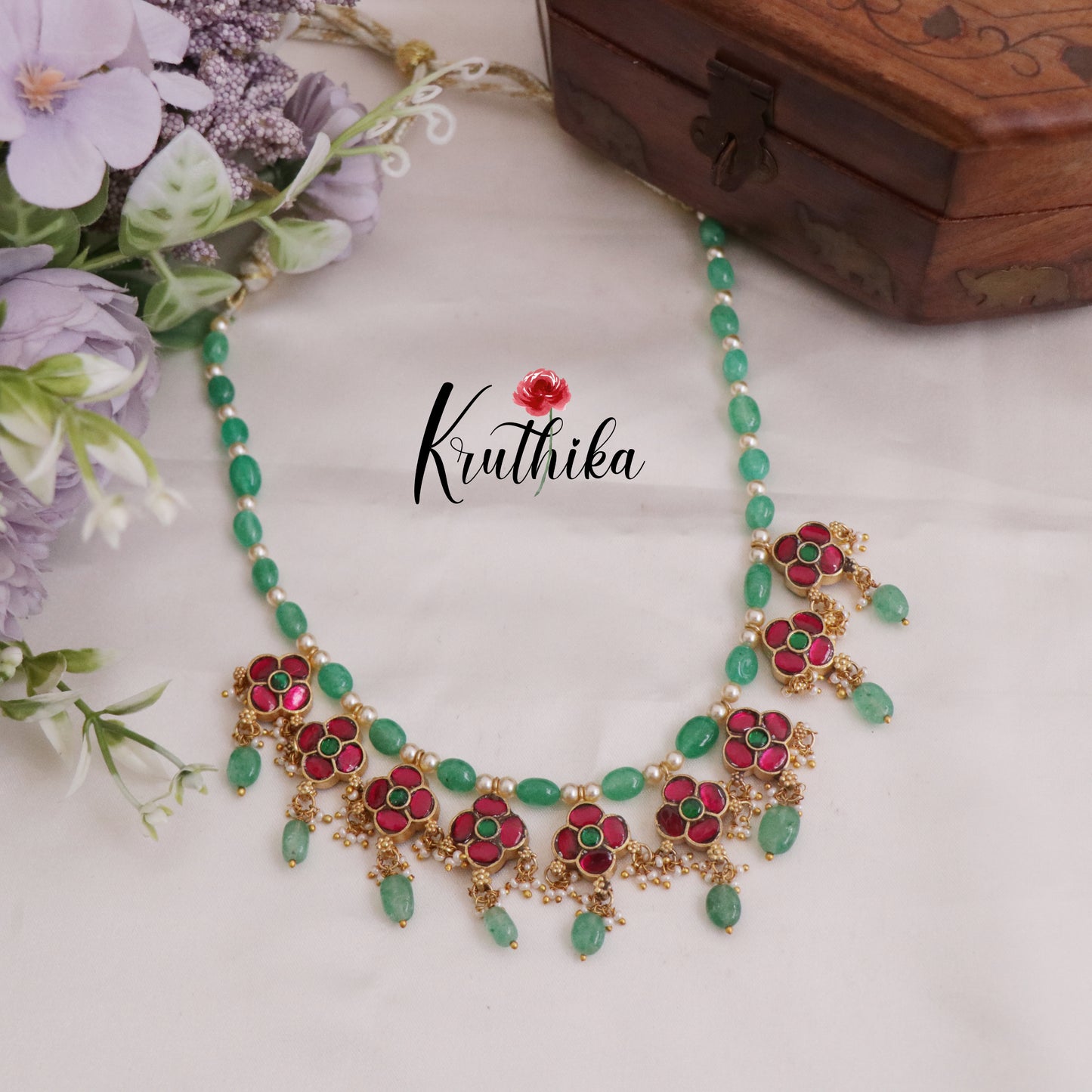 Trendy Emerald Beaded Two-in-One Reversible Floral Jadau Necklace with Beads Drops NC2382